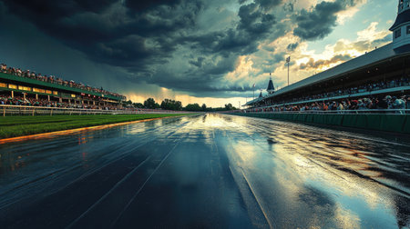 A soaked racetrack glistens under dark storm clouds as eager spectators await the raceの素材