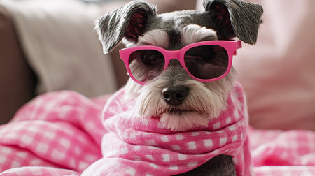 A trendy little Schnauzer sits confidently, its pink sunglasses and scarf making a statementの素材