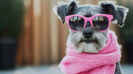 A trendy little Schnauzer sits confidently, its pink sunglasses and scarf making a statementの素材