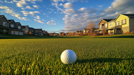 A still golf ball on smooth grass, with soft evening light casting long shadows from housesの素材