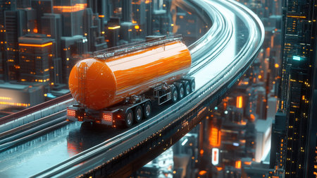 A tanker truck with reflective orange paint on an elevated highway against a modern cityscapeの素材