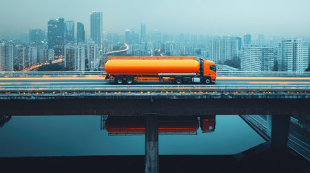 A tanker truck with reflective orange paint on an elevated highway against a modern cityscapeの素材