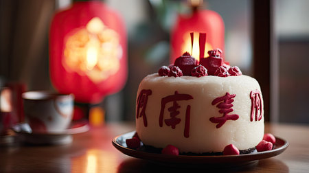 Chinese New Year sweet rice cake (Nian Gao) with "Fu" calligraphy, festive lanterns, and red envelopesの素材