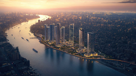 Aerial view of new skyscrapers rising beside the Nile River, showcasing urban transformationの素材