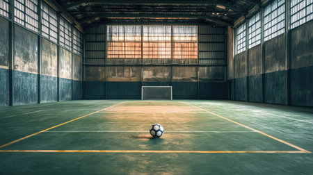 An indoor soccer field with a lonely ball in the center, awaiting the next gameの素材