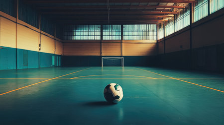 An indoor soccer field with a lonely ball in the center, awaiting the next gameの素材