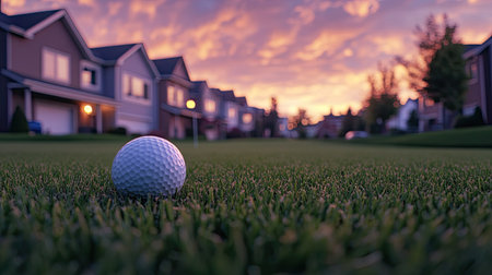 Close-up of a golf ball resting on freshly cut grass, suburban homes in the distance at duskの素材