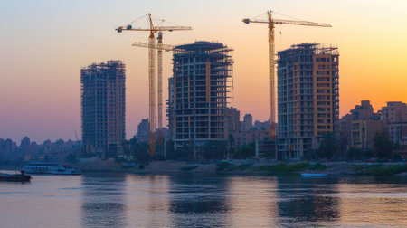Construction cranes working on high-rise buildings along the banks of the Nile at sunsetの素材