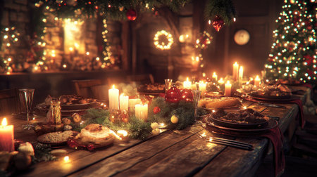 Christmas feast set on a rustic wooden table, surrounded by glowing candles and decorの素材