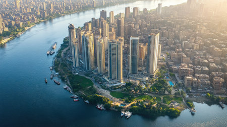 Aerial view of new skyscrapers rising beside the Nile River, showcasing urban transformationの素材