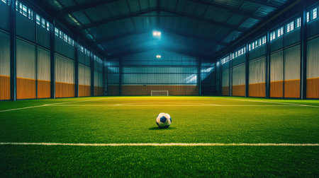 An indoor soccer field with a lonely ball in the center, awaiting the next gameの素材