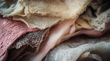 Close-up of layered fabric samples, featuring rich textures and elegant woven designsの素材