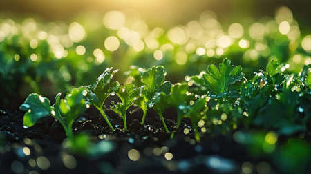 Close-up of vibrant parsley plants in a garden, covered in morning dew under natural daylight. Fresh and crispの素材
