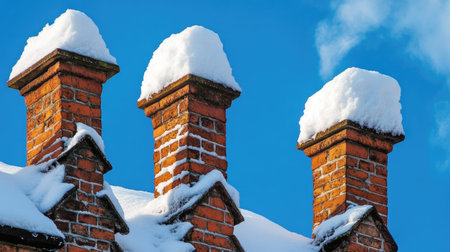 Close-up of old brick chimneys with snow piled around, set against a bright blue winter skyの素材