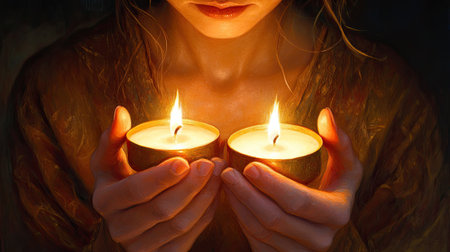 Close-up of a woman cradling two flickering candles, warm light reflecting off her fingersの素材