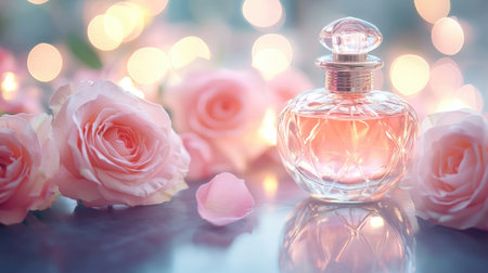 Chic perfume bottle with soft pink roses and gentle lighting, creating a sophisticated floral display04dの素材