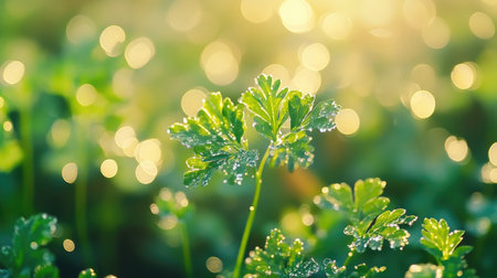 Close-up of vibrant parsley plants in a garden, covered in morning dew under natural daylight. Fresh and crispの素材