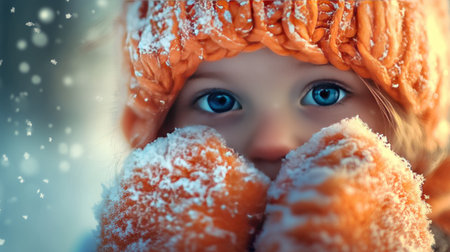 Cute child wearing a fluffy orange scarf and mittens, playing in fresh snowfallの素材