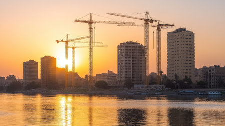 Construction cranes working on high-rise buildings along the banks of the Nile at sunsetの素材