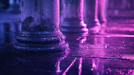 Close-up of wet stone pillars shimmering in ethereal purple lightの素材