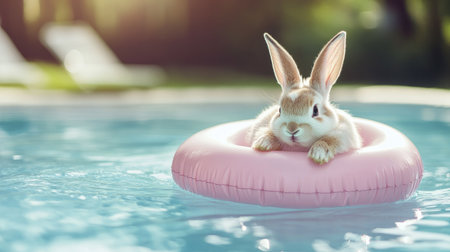 Cute rabbit resting in a pastel pink inflatable ring, floating in a sunny backyard poolの素材