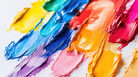 Close-up of bright colorful paint splashes randomly spread across a white canvasの素材