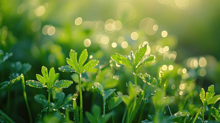 Close-up of vibrant parsley plants in a garden, covered in morning dew under natural daylight. Fresh and crispの素材