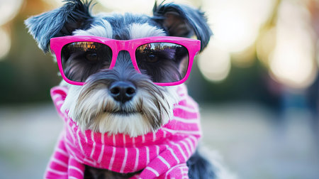 Cool Schnauzer pup rocking pink shades and a fashionable scarf, ready for a fun day outの素材