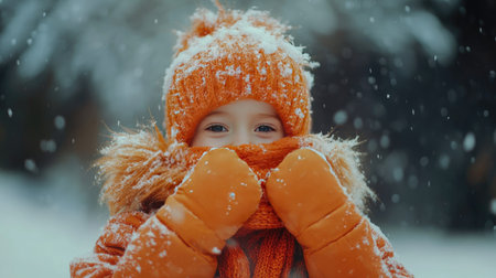 Cute child wearing a fluffy orange scarf and mittens, playing in fresh snowfallの素材
