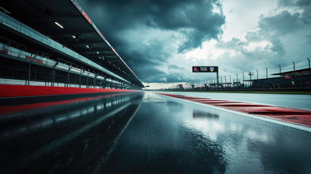 Dark clouds roll in as the rain-soaked race track reflects the dramatic sky aboveの素材