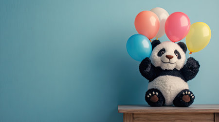 Cute plush panda toy sitting on a wooden table, holding a bunch of bright helium balloonの素材