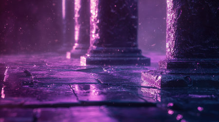Close-up of wet stone pillars shimmering in ethereal purple lightの素材