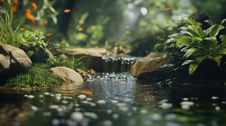 Detailed shot of an aquascaped fish tank, highlighting plants, rocks, and a flowing water sceneの素材