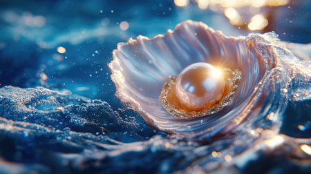 Close-up of a shiny golden pearl inside a delicate shell, set against a deep blue ocean backdropの素材