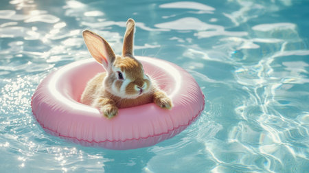 Cute rabbit resting in a pastel pink inflatable ring, floating in a sunny backyard poolの素材