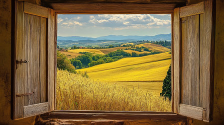Cozy wooden window open to a breathtaking landscape of rolling golden fieldsの素材