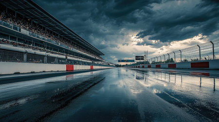 Dark clouds roll in as the rain-soaked race track reflects the dramatic sky aboveの素材