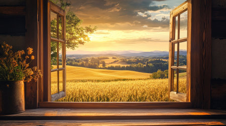 Cozy wooden window open to a breathtaking landscape of rolling golden fieldsの素材