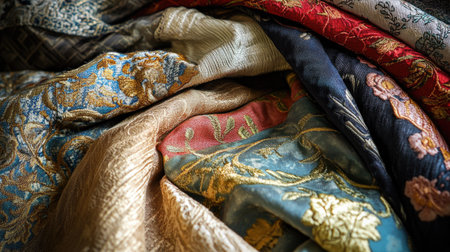 Close-up of layered fabric samples, featuring rich textures and elegant woven designsの素材