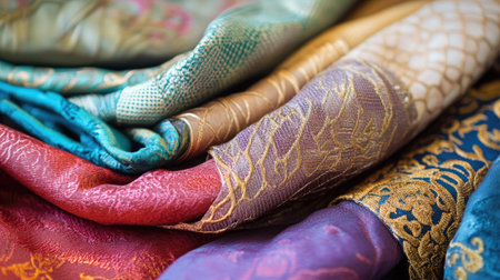 Close-up of layered fabric samples, featuring rich textures and elegant woven designsの素材