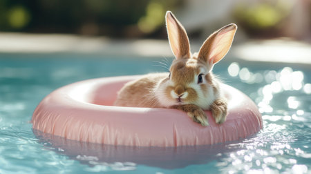 Cute rabbit resting in a pastel pink inflatable ring, floating in a sunny backyard poolの素材