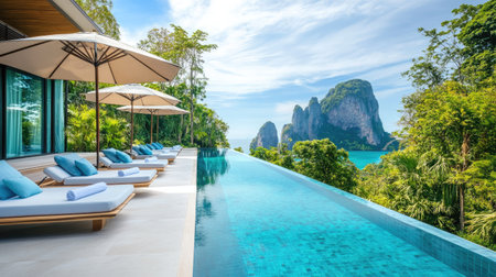 High-end resort villa with sun beds under a chic umbrella, facing a glistening pool and panoramic summer views. Pure relaxationの素材