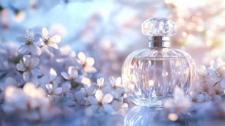 Elegant crystal perfume bottle with delicate white flowers, softly illuminated for a dreamy aestheticの素材