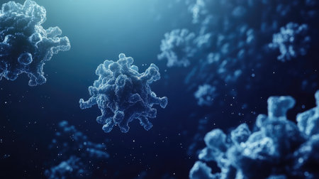 High-resolution 3D illustration of floating coronavirus particles in a dark blue backgroundの素材