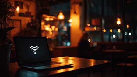 Dimly lit coffee shop scene with a laptop showing a strong WiFi signal iconの素材