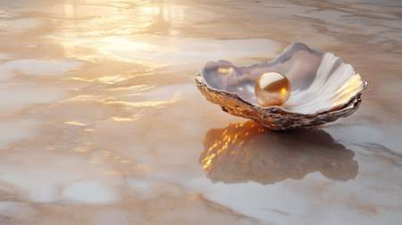 Elegant golden pearl in a natural oyster shell, placed on a reflective marble surfaceの素材