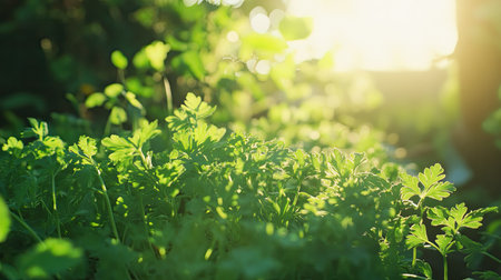 Fresh green parsley plants thriving in an outdoor garden, bathed in soft sunlight. Vibrant and healthy herbsの素材