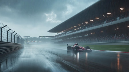 Heavy rain drenches a high-speed racing circuit, with mist and reflections creating dramaの素材
