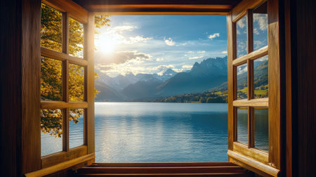 Open wooden-framed window revealing a peaceful lake and mountains under a sunny skyの素材