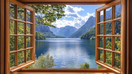 Open wooden-framed window revealing a peaceful lake and mountains under a sunny skyの素材